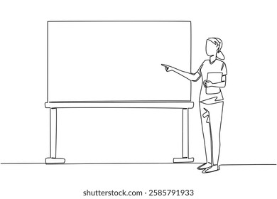 Single continuous line drawing female student nurse wearing stethoscope holding clipboard and pointing to whiteboard. Presentation. National Student Nurse Day. One line design vector illustration