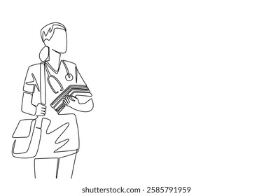 Single continuous line drawing female student nurse wearing nurse uniform and wearing stethoscope carrying several books. Internship. National Student Nurse Day. One line design vector illustration