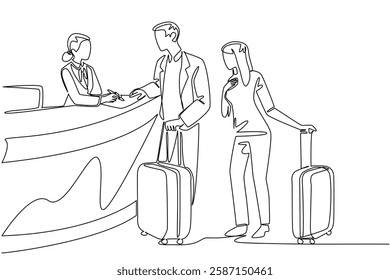 Single continuous line drawing a female receptionist is giving information to a husband and wife carrying suitcases. Provides room price info. Receptionist Day. One line design vector illustration