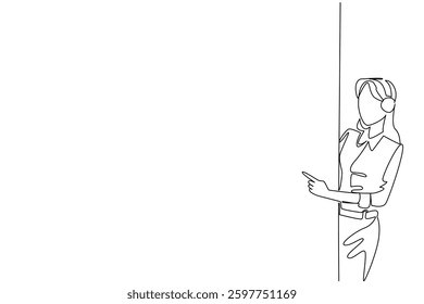 Single continuous line drawing female customer support wearing headphones appears from behind the wall. Call the queue number. International Customer Support Day. One line design vector illustration