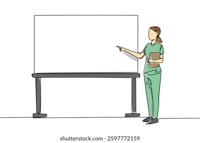 Single continuous line drawing female student nurse wearing stethoscope holding clipboard and pointing to whiteboard. Presentation. National Student Nurse Day. One line design vector illustration