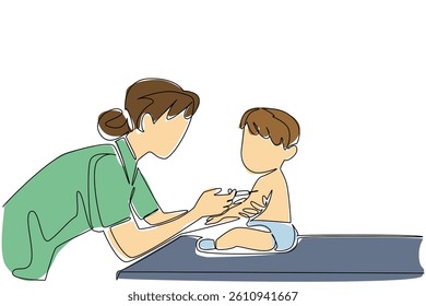 Single continuous line drawing female doctor is giving an injection to sitting baby girl. Efforts to prevent tuberculosis. Healthy living. National Safety Dose Day. One line design vector illustration