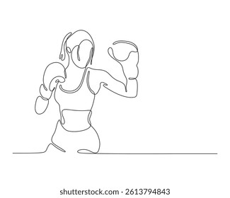 Single continuous line drawing of a female boxer ready to fight. Sport and competition illustration.