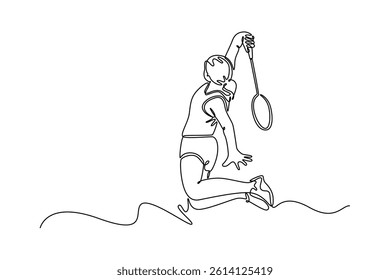 Single continuous line drawing female badminton player jumping and strikes the shuttlecock to get point on indoor court, showcasing precise technique. One line draw graphic design vector illustration
