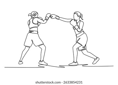 Single continuous line drawing female boxer use various punch combinations including jab and uppercut. Boxing champions win the round in boxing ring. One line draw graphic design vector illustration
