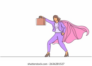 Single continuous line drawing female businesswoman superhero standing with suitcase. Portrait of young office worker. Office, business, employee concept. One line graphic design vector illustration