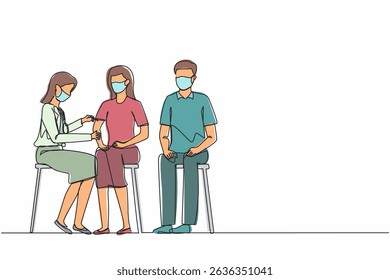Single continuous line drawing female doctor wearing mask at clinic giving woman vaccine against coronavirus. Immunity, immunization, covid vaccine. One line draw graphic design vector illustration