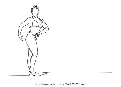 Single continuous line drawing female bodybuilder in sportswear performing quarter turn poses. Attractive sportswoman demonstrating body musculature. One line draw graphic design vector illustration