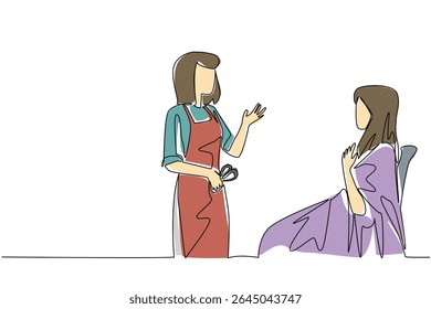 Single continuous line drawing a female barber talks to woman in chair wearing a body covering. Tidy up the hair. National Hairstylist Mental Health Awareness Day. One line design vector illustration