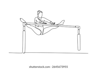 Linha única contínua desenho ginasta feminina exercício barras desiguais em campeonato ginástica artística, jogos de esporte de verão. Realizar movimento acrobático. Ilustração de vetor de design gráfico com desenho de uma linha