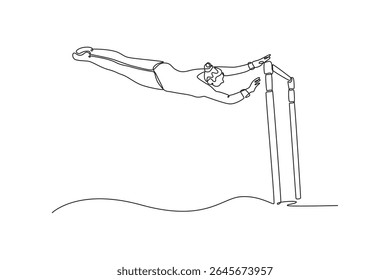 Uma única linha contínua desenhando atleta feminina fazendo complicado truque emocionante em barras irregulares no ginásio profissional. Jovem garota faz acrobacias na arena. Ilustração de vetor de design gráfico com desenho de uma linha