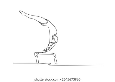Uma única linha contínua desenhando ginasta feminina se apresentando em bares irregulares na competição nacional de ginástica. Mulher atleta fazendo exercício de balanço em bares. Ilustração de vetor de design gráfico com desenho de uma linha