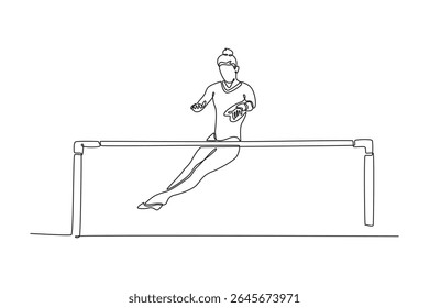 Single continuous line drawing female gymnast swinging and jumping on uneven bars. Flexible woman athlete training in gym. Healthy lifestyle. Dynamic one line draw graphic design vector illustration