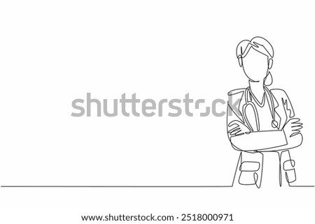 Single continuous line drawing a female doctor standing confidently with her arms crossed. Vital role of women in the medical field. National Women Physicians Day. One line design vector illustration