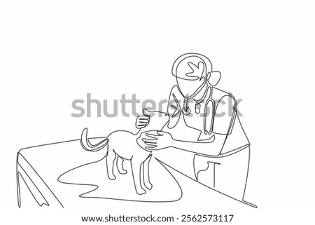 Single continuous line drawing female veterinarian examining head of cat. Check carefully. Focus on the eyes. Performing a diagnosis. Work. World Veterinary Day. One line design vector illustration