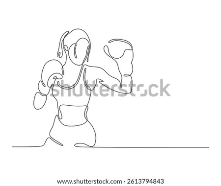 Single continuous line drawing of a female boxer ready to fight. Sport and competition illustration.