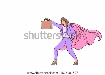Single continuous line drawing female businesswoman superhero standing with suitcase. Portrait of young office worker. Office, business, employee concept. One line graphic design vector illustration