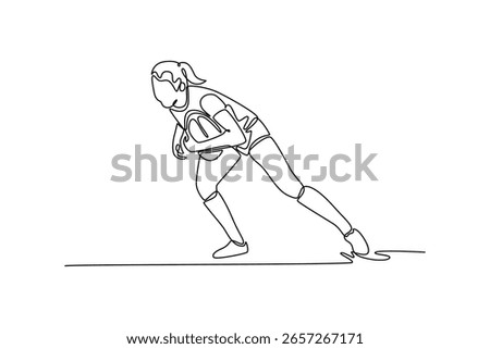 Single continuous line drawing female rugby player on field for match, practice, game in competition. Teamwork performance for winning ball to score. One line draw graphic design vector illustration