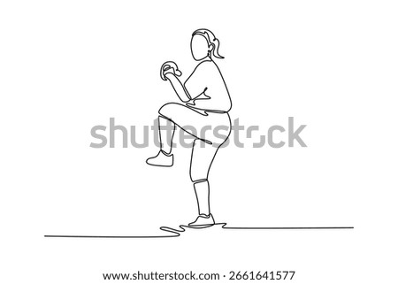 Single continuous line drawing female baseball player getting ready to pitch the ball during game outdoors. Pitcher training for match or competition. One line draw graphic design vector illustration