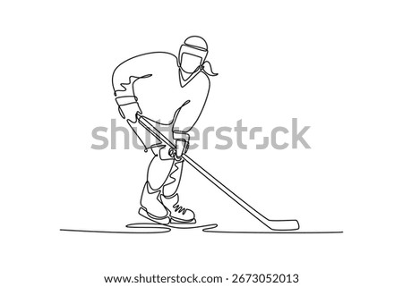Single continuous line drawing female ice hockey player in dynamic skating motion, stickhandling puck. Symbolize power, athletic skill, poised action. One line draw graphic design vector illustration