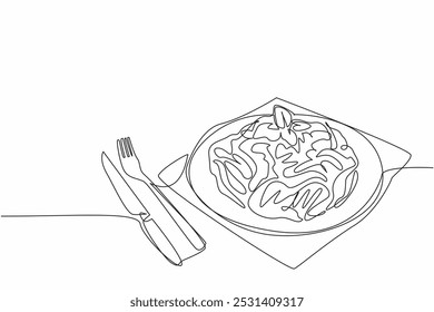 Single continuous line drawing fettuccine carbonara on a black round plate. Served in a classic way. Use a fork and knife to eat it. Savory. National Carbonara Day. One line design vector illustration
