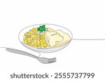 Single continuous line drawing fettuccini carbonara dish ready to be served. Creamy sauce that adds deliciousness to mouth. Amazing taste. National Carbonara Day. One line design vector illustration