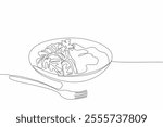 Single continuous line drawing fettuccini carbonara dish ready to be served. Creamy sauce that adds deliciousness to mouth. Amazing taste. National Carbonara Day. One line design vector illustration