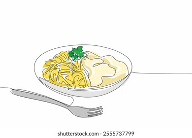 Single continuous line drawing fettuccini carbonara dish ready to be served. Creamy sauce that adds deliciousness to mouth. Amazing taste. National Carbonara Day. One line design vector illustration