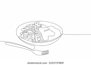 Single continuous line drawing fettuccini carbonara dish ready to be served. Creamy sauce that adds deliciousness to mouth. Amazing taste. National Carbonara Day. One line design vector illustration