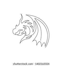 Single continuous line drawing of fictional monsters dragon for chinese traditional logo identity. Magical legend creature mascot concept for martial art association. One line draw design illustration