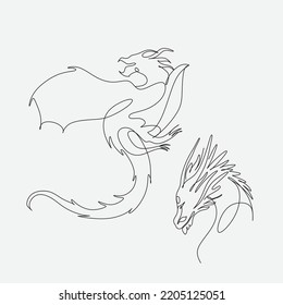 Single continuous line drawing of fictional monsters dragon for chinese traditional logo identity. Magical legend creature mascot concept for martial art association. One line draw design illustration