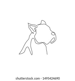 Single continuous line drawing of fierce boxer dog head for security company logo identity. Purebred dog mascot concept for pedigree friendly pet icon. Modern one line draw design vector illustration