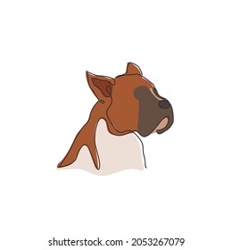 Single continuous line drawing of fierce boxer dog head for security company logo identity. Purebred dog mascot concept for pedigree friendly pet icon. Modern one line draw design vector illustration