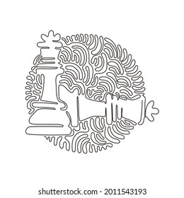 Single continuous line drawing figures of wooden chess on chessboard. King, queen of opposing team's. Swirl curl circle background style. Dynamic one line draw graphic design vector illustration