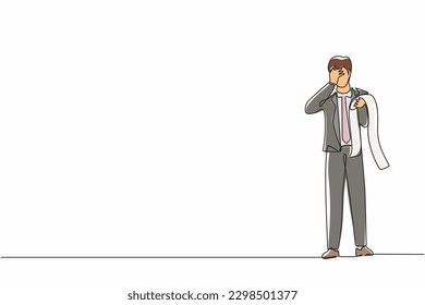 Una única línea continua que dibuja problemas financieros y concepto de bancarrota. Triste empresario deprimido que está pensando en encontrar dinero para pagar sus facturas durante la crisis. vector de diseño gráfico de una línea