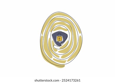 Single continuous line drawing fingerprints with a shield and padlock in middle. Security verification symbol. Electronic authentication method. Data Privacy Day. One line design vector illustration