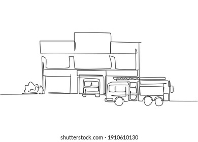 Single continuous line drawing of fire station building construction. Firemen basecamp office isolated minimalism concept. Dynamic one line draw graphic design vector illustration on white background