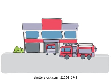 Single Continuous Line Drawing Of Fire Station Building Construction. Firemen Basecamp Office Isolated Minimalism Concept. Dynamic One Line Draw Graphic Design Vector Illustration On White Background