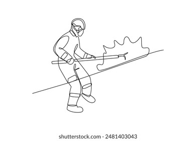 Single continuous line drawing of A firefighter is opening a road to save fire victims. Professional work job occupation. Minimalism concept one line draw graphic design vector illustration