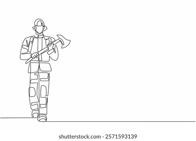 Single continuous line drawing firefighter in full uniform walking while carrying an axe. Glass breaking tools. Helping victims. International Firefighters Day. One line design vector illustration