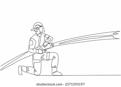 Single continuous line drawing firefighter squats while holding a fire hose that sprays water. Look more closely at the heat source. International Firefighters Day. One line design vector illustration