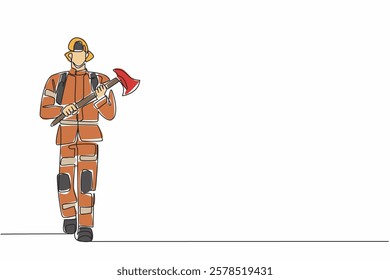 Single continuous line drawing firefighter in full uniform walking while carrying an axe. Glass breaking tools. Helping victims. International Firefighters Day. One line design vector illustration