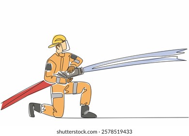 Single continuous line drawing firefighter squats while holding a fire hose that sprays water. Look more closely at the heat source. International Firefighters Day. One line design vector illustration