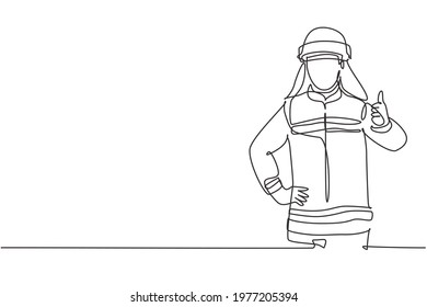 Single continuous line drawing firefighters in uniform complete with a thumbs-up gesture prepare to put out the fire that burned the building. Dynamic one line draw graphic design vector illustration.