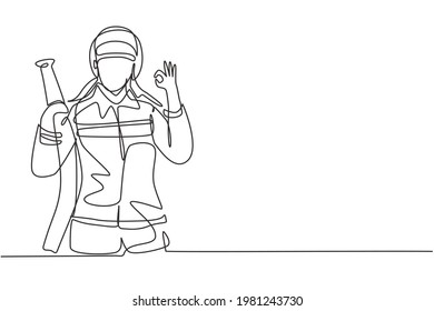 Single Continuous Line Drawing Firefighters With Full Uniform, Gesture Okay And Holding Hose Prepare To Put Out The Fire That Burned Building. Dynamic One Line Draw Graphic Design Vector Illustration