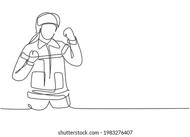 Single continuous line drawing firefighters with celebrate gesture, full uniform, and wearing helmet prepare to put out the fire that burned building. One line draw graphic design vector illustration