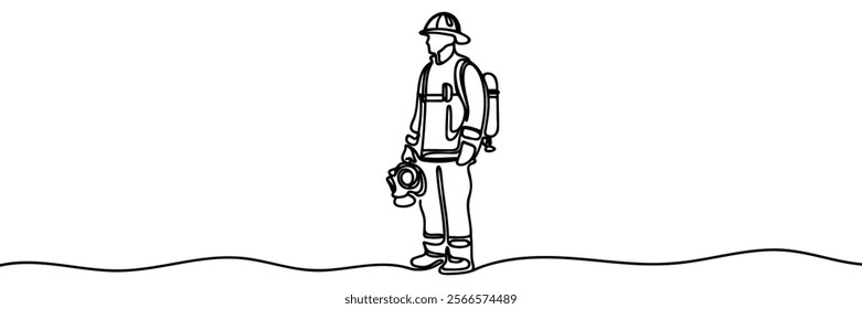 Single continuous line drawing firefighters with full uniform. Dynamic one line draw graphic design vector illustration