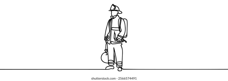 Single continuous line drawing firefighters with full uniform. Dynamic one line draw graphic design vector illustration