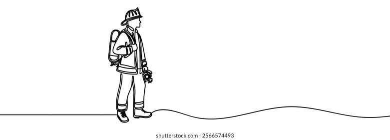 Single continuous line drawing firefighters with full uniform. Dynamic one line draw graphic design vector illustration