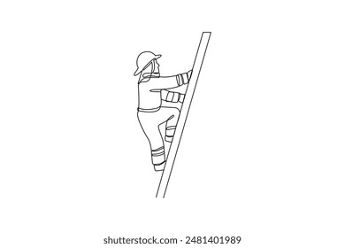 Single continuous line drawing of a fireman was climbing a ladder for rescue. Professional work job occupation. Minimalism concept one line draw graphic design vector illustration